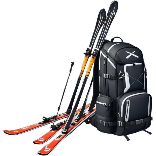 An icon showing a close-up of a biathlon backpack, a pair of skis, and a biathlon rifle resting against snow. In the background, a beautiful winter landscape with snowy trees and mountains under a clear sky. Transparent background reflects the sport’s precision and rugged endurance. emoji