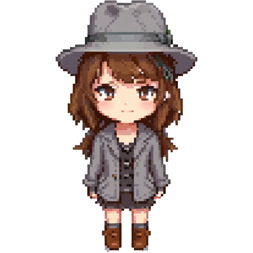pixel art of a girl with brown hair and a grey fedora, chibi proportions emoji