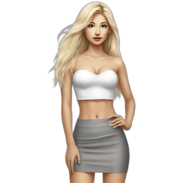 caucasian straight long haired blonde, white bustier, tight grey mini skirt, hyperrealist drawing emoji