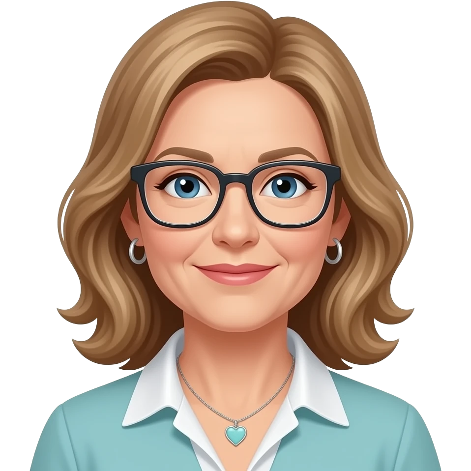 AJM - woman, blue eyes, mid 40's age, silver small hoop earrings, light brown hair, rectangular glasses, shoulder length wavy hair, small tiffany heart necklace emoji