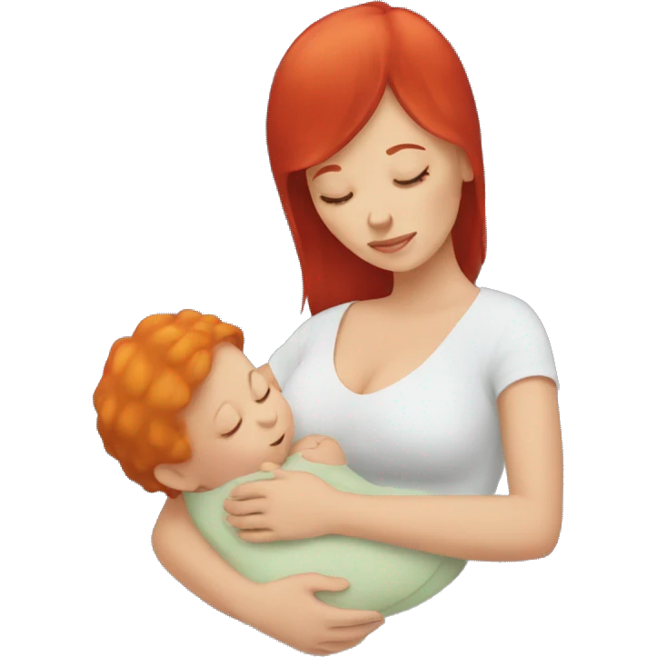White woman with red hair holding a sleeping baby emoji