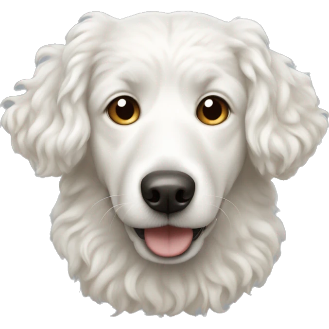 White curly dog with a light nose emoji