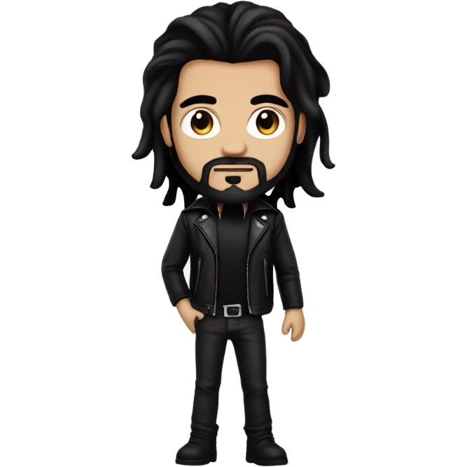 Man with long black hair, black goatee, square jawline, eyeliner, black leather jacket, black pants, black shirt and pentacle necklace emoji