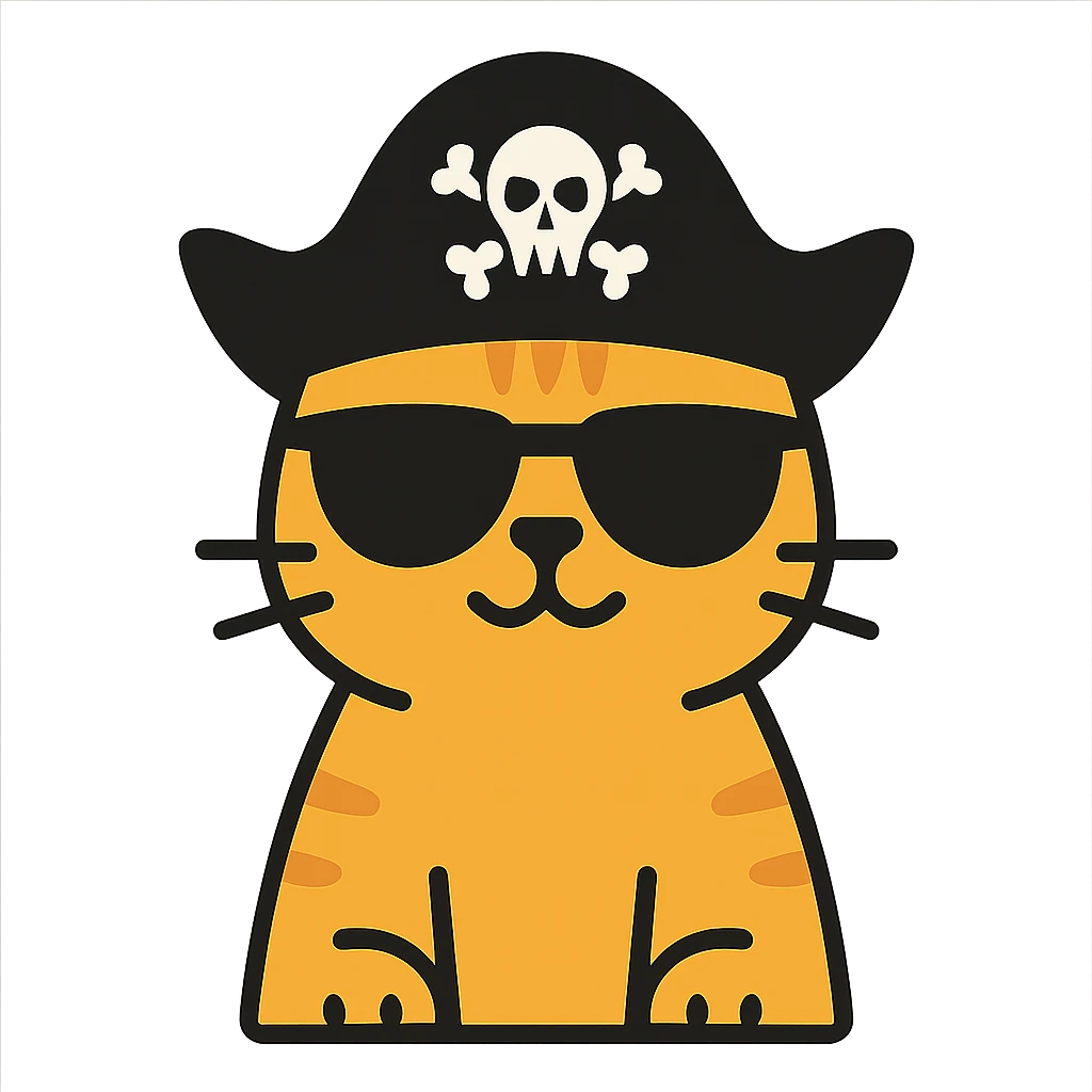 flat toon style cat wearing sunglasses and a pirate hat emoji
