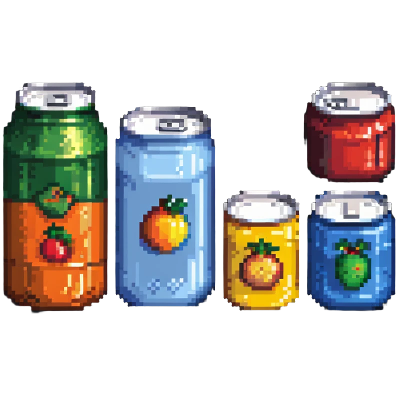 Four pixelated canned food items in a row, different colored cans emoji