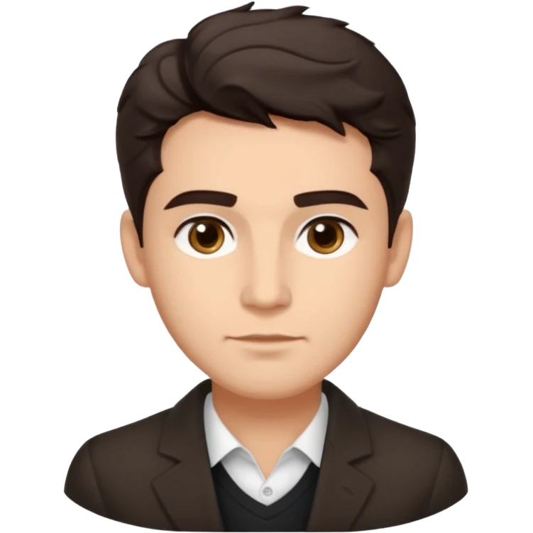 He’s a man with light to medium skin, a defined oval face, full brows, deep-set eyes, and wavy short dark brown hair styled with height, sides are trimmed. expression calm and focused relaxed black open-collar .polished, articulate, and coach vibe. emoji