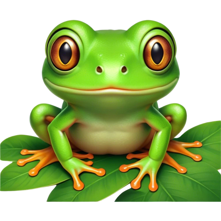 Cinematic Comical Green Tree Frog Portrait Emoji, Head tilted dramatically with an exaggeratedly amused expression, featuring a small, vibrant green body with wide, comically expressive eyes and quirky, textured skin, Simplified yet hilariously expressive features, highly detailed, glowing with a slightly sassy jungle glow, high shine, dramatic yet playful, stylized with an air of cheeky tropical mischief, soft glowing outline, capturing the essence of a meme-worthy green tree frog that looks ready to leap its way into viral fame! emoji