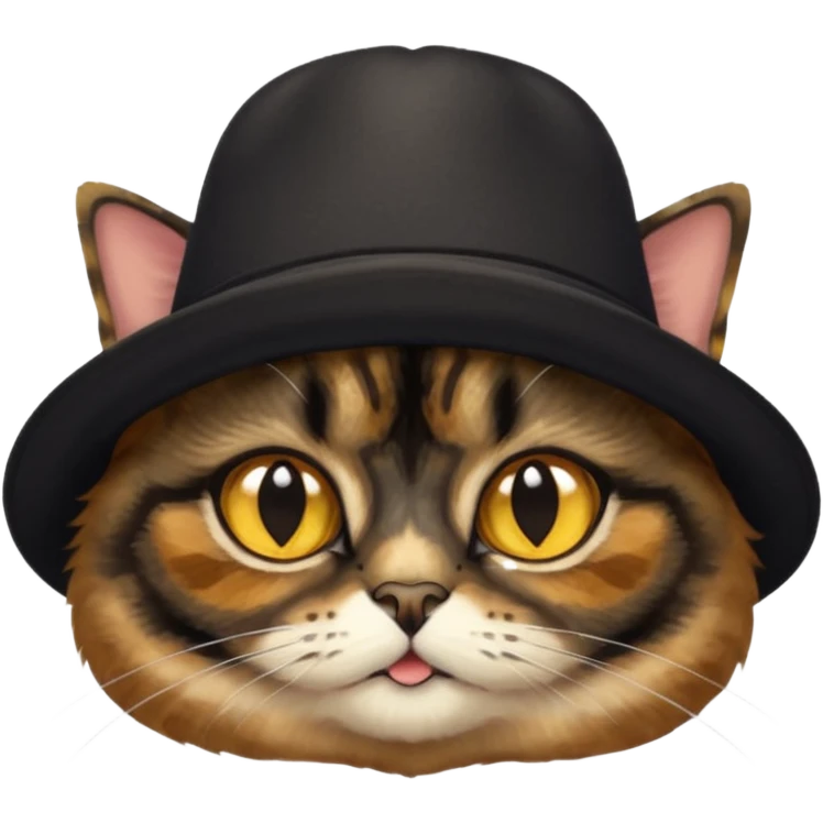 mostly black tortie cat, gold eyes, british hat emoji