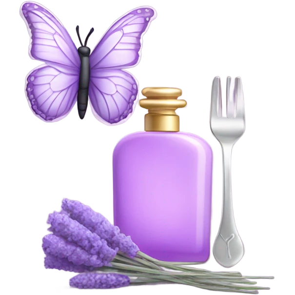  pastel violet butterfly resting on an elegant lavender perfume bottle with fork pink details. emoji