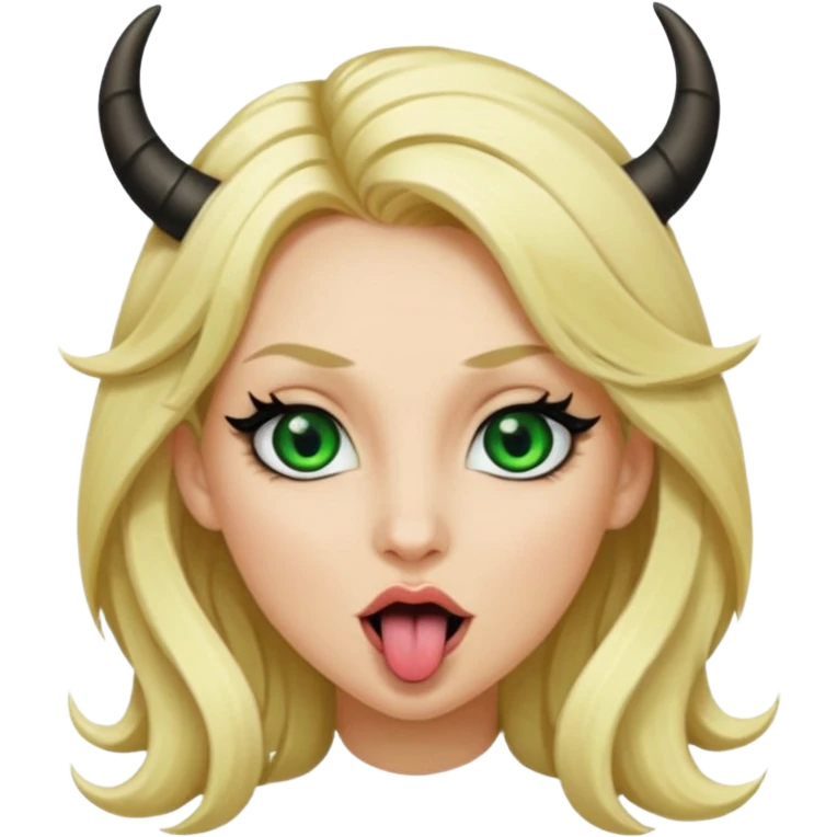 Emoji femme blonde habillée en noir cheveux blond, yeux vert avec de long cils noir qui tire la langue et à des cornes  emoji