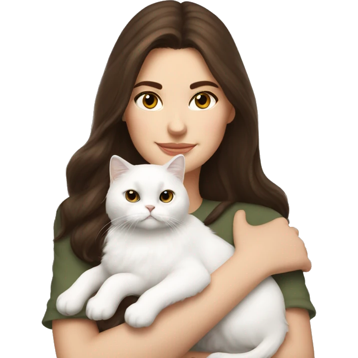 Brunette woman snuggling white Persian cat emoji