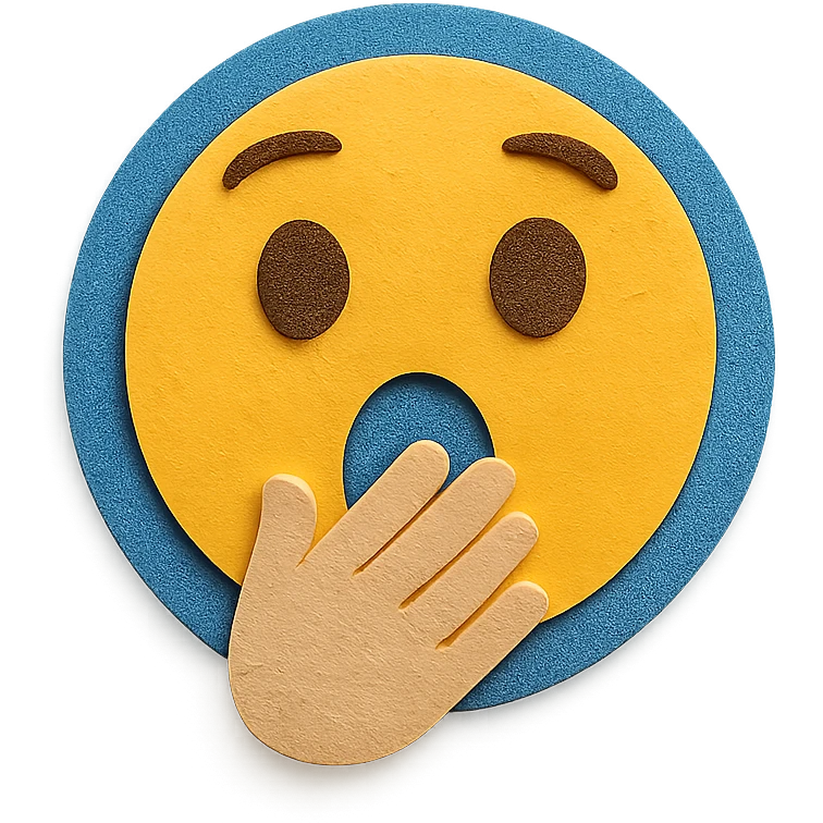 surprised face with hand over mouth, blue paper background, paper craft style emoji