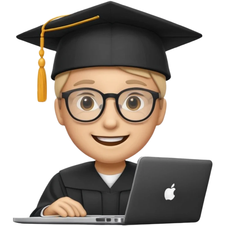 smiling face with glasses, using a laptop and wearing an academic cap, for a learning center emoji emoji