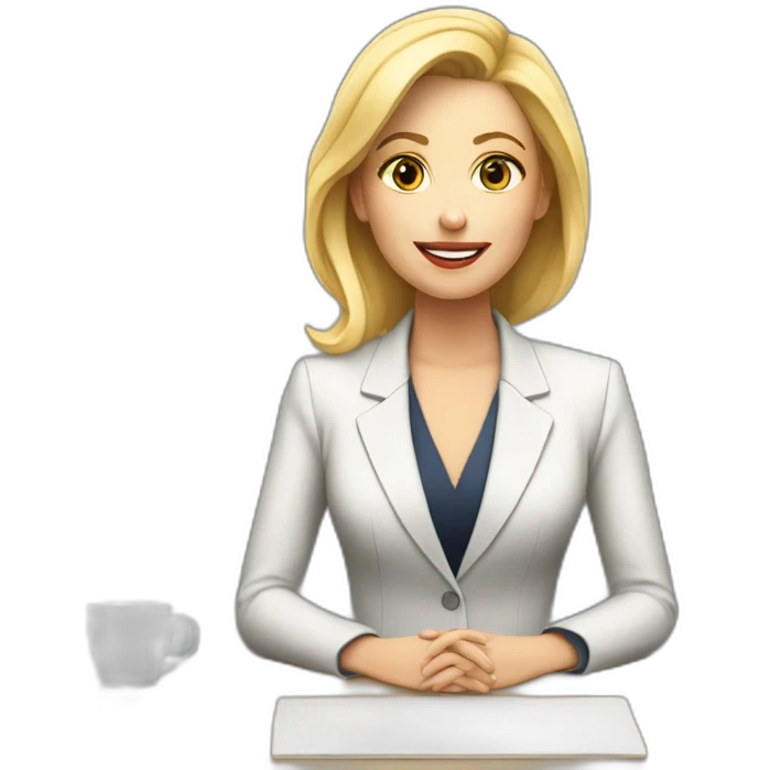 Blonde white woman wearing a suit sitting on the table telling the news towards the camera emoji