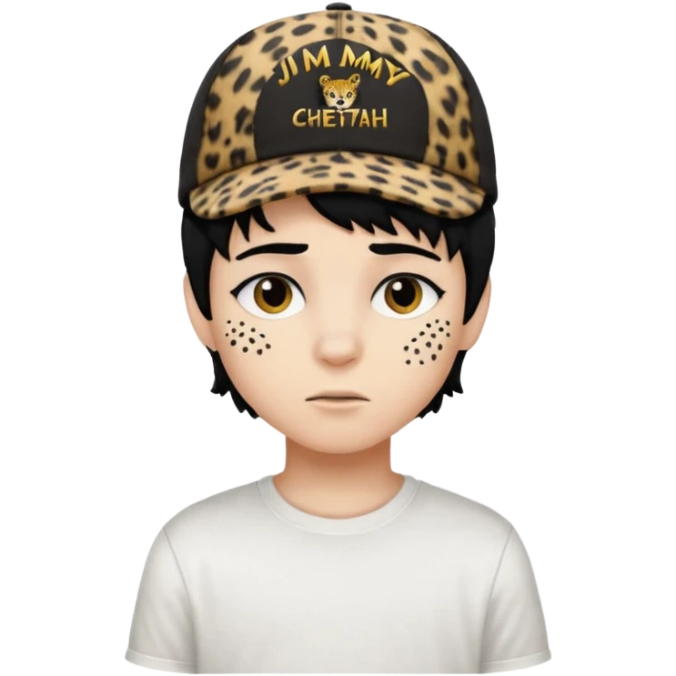 Boy with black hair and a cap that has the phrase #jimmy written on it with cheetah print texture, and white shirt emoji emo emoji