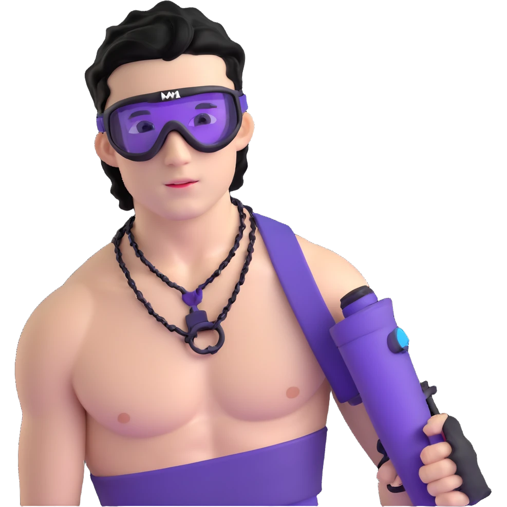 shirtless male athlete with white skin and moderately curly black hair on top with shaved sides, wearing purple ski goggles with black tinted lenses, and a simple plain black chain necklace, no earrings emoji