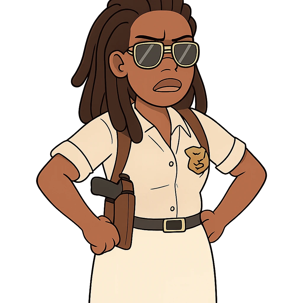 black detective with dreads, aviator sunglasses, white skirt, shoulder holster, cartoon style, hands on hips emoji