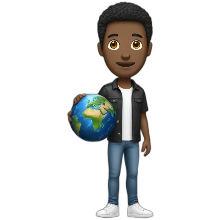 a guy with a miniature earth as a head without any facial features. the guy is wearing a layered black and white shirt jeans and plain white shoes emoji