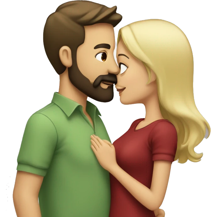 blonde girl with sage green shirt kissing man with dark brown hair, dark brown beard and mustache, and wearing a red shirt  emoji