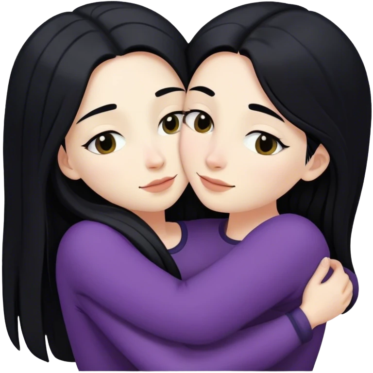 A lesbian couple with white skin and long black hair hugging intimately emoji