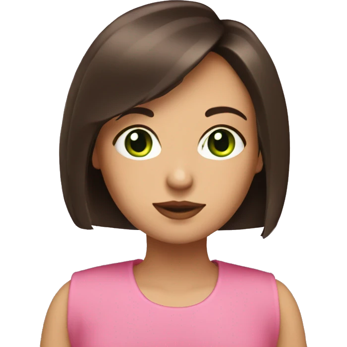 brunette with bob haircut with green eyes with pink book emoji