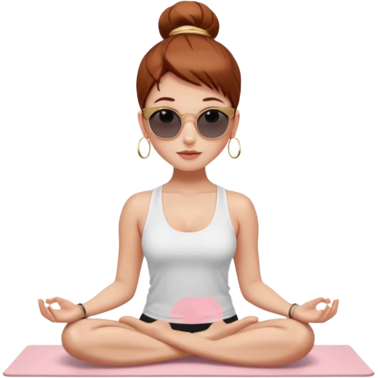 Clean girl influencer character, chest-up portrait.Sleek tight bun hair color (auburn .Natural glossy makeup, soft blush, shiny lips.Minimal white tank top, small gold hoop earrings, delicate gold necklace.Black sunglasses on head.Rolled yoga mat hanging over her shoulder. emoji