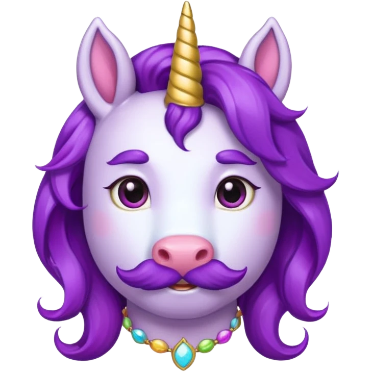unicorn face with big thick mustache cute and purple haired and earrings emoji