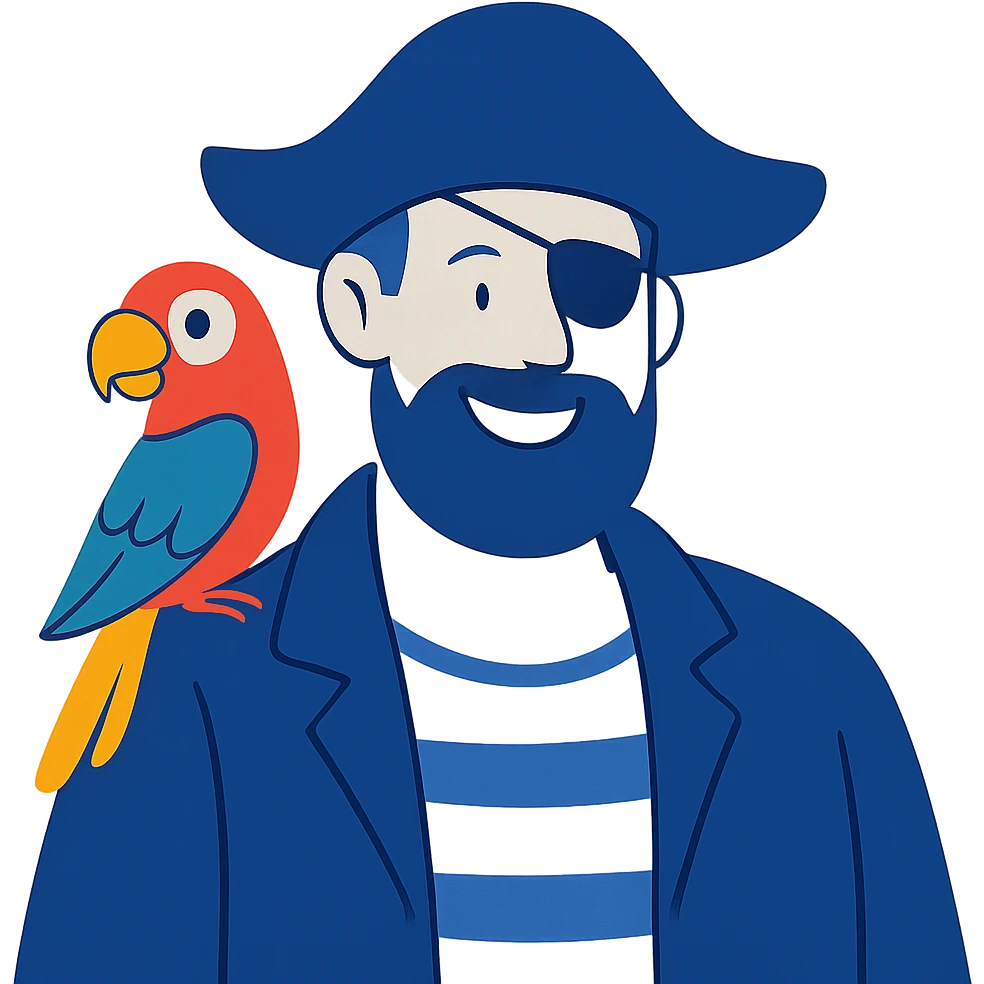smiling pirate with eye patch and colorful parrot on shoulder emoji