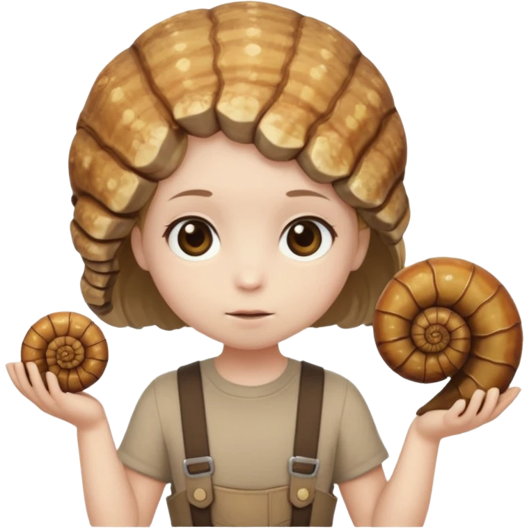 Shelly has a small, chibi-style body with a large ammonite-shaped head that looks like a beige fossil shell. One side of her head has a dark opening, making it clear she isn’t human. Her face is simple and soft, with big round eyes. She wears a brown suspender outfit over a lighter shirt emoji