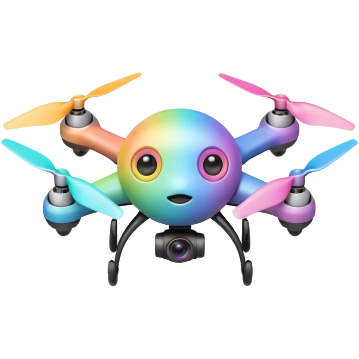 Cute pastel rainbow drone emoji, round shape, tiny propellers, big cartoon eyes, 3D soft glossy style, transparent background. emoji