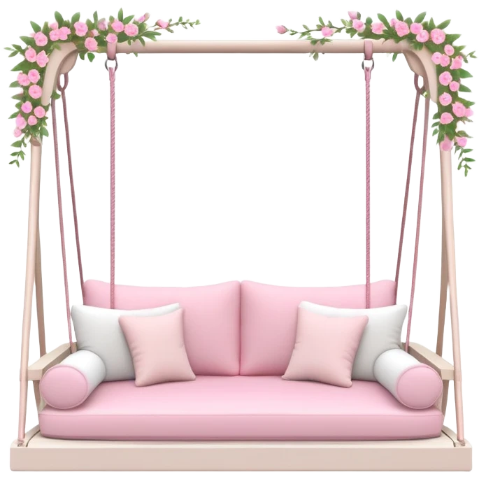 Romantic pastel-white wooden pink cushions couch-swing with tiny flowers around emoji
