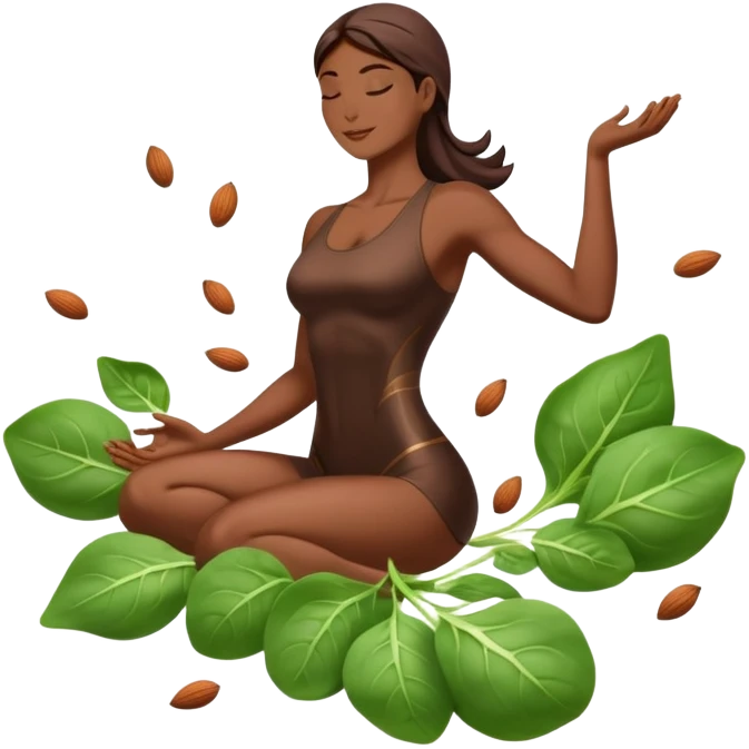 Spinach leaves, almonds, dark chocolate, and seeds floating around a relaxed body silhouette. Light beams flowing from these foods to the body's muscles and nervous system, creating a soothing, calming effect visualized as a gentle glow throughout the body. emoji