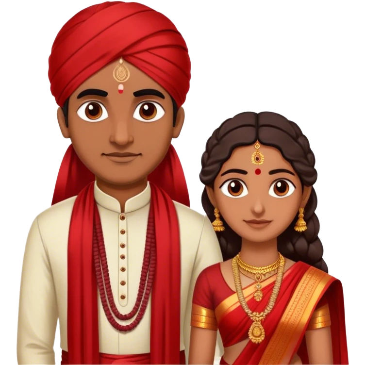 Tamil South Indian couple. Tamil brahmin iyengar male wearing veshti, no shirt, and poonal. Female wearing red sari in traditional Tamil bride attire emoji