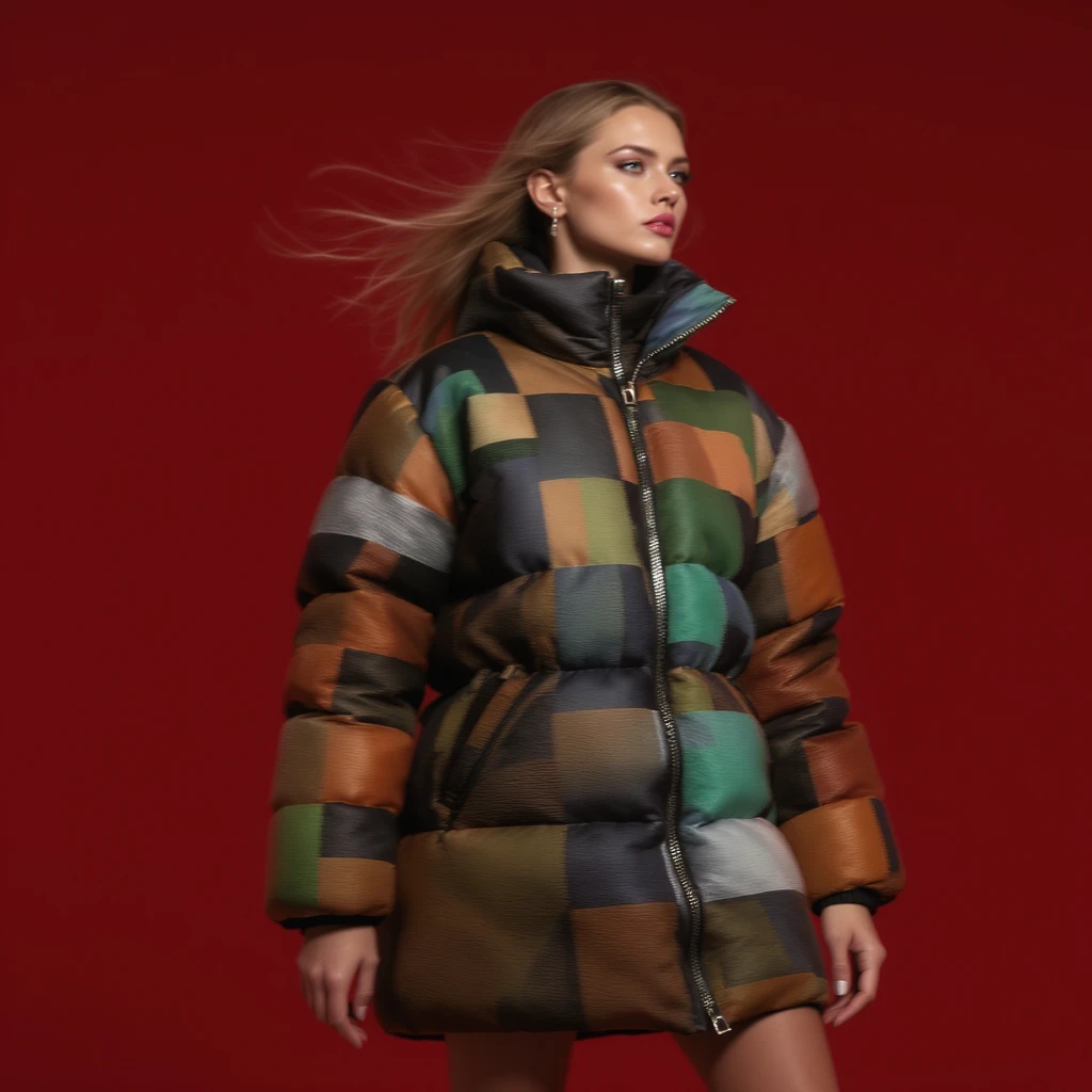 Medium shot, "Echo print effect" motion blur, Photo of a woman dress in abstract (black orange green and blue) grid puffer Louis Vuitton jacket, red solid background, express body, spot light with hard light emoji