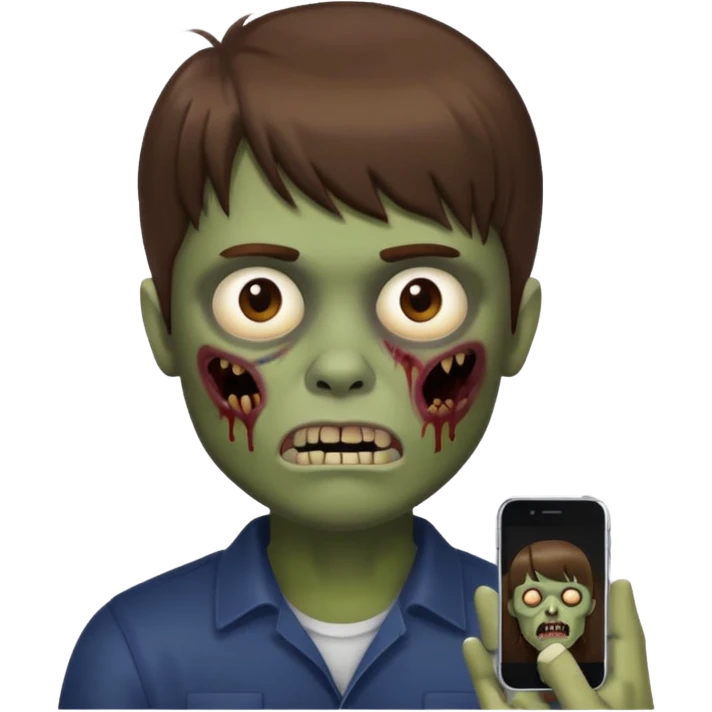 Homem de cabelo marrom com franja, zumbi estilo memoji iphone emoji