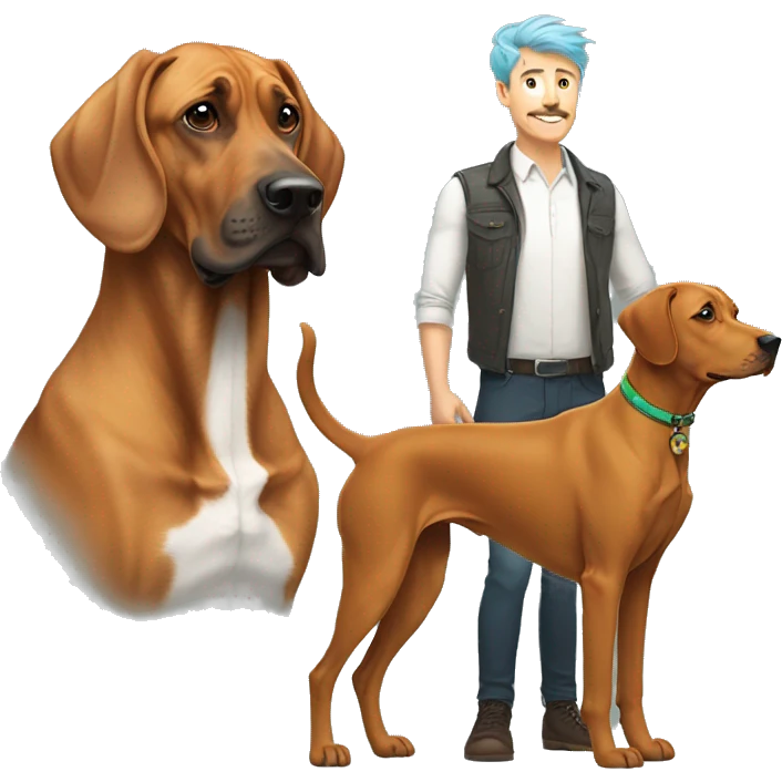 white male with rainbow colored hair and curled mustache standing alongside a brown rhodesian ridgeback dog emoji
