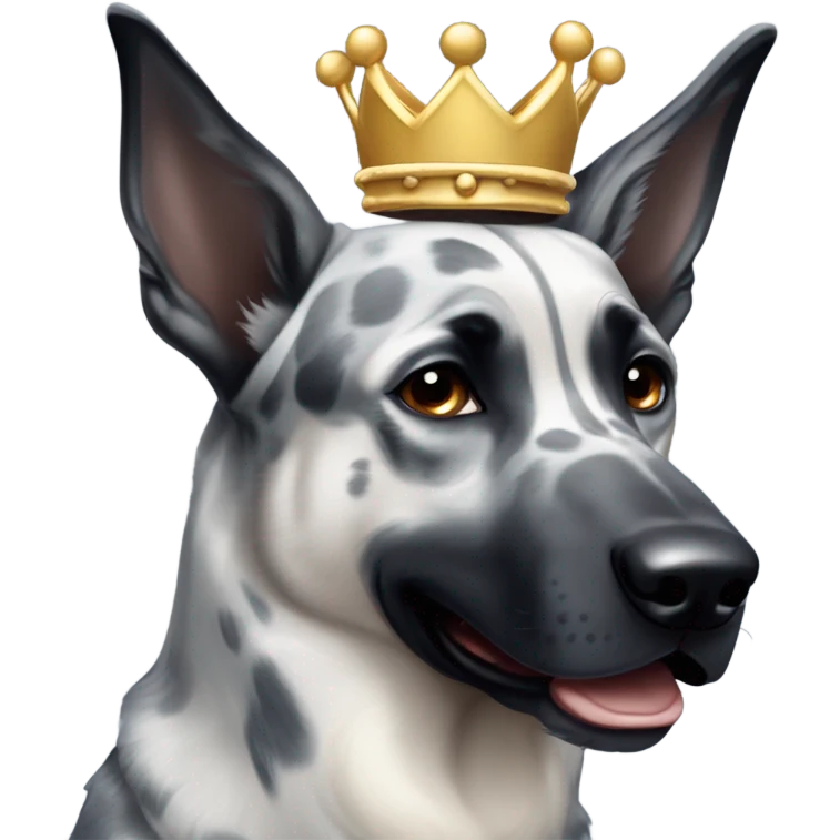 A smiling malinois dark blue merle without red color with a crown on his head emoji