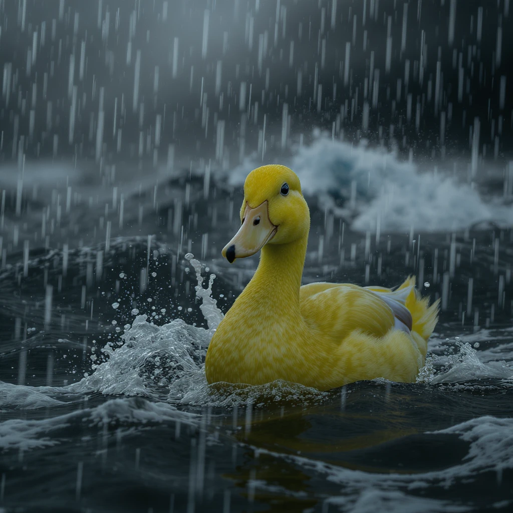 Cinematic still, Closeup shot of Yellow duck on ocean during storm, inspired by interstellar  emoji