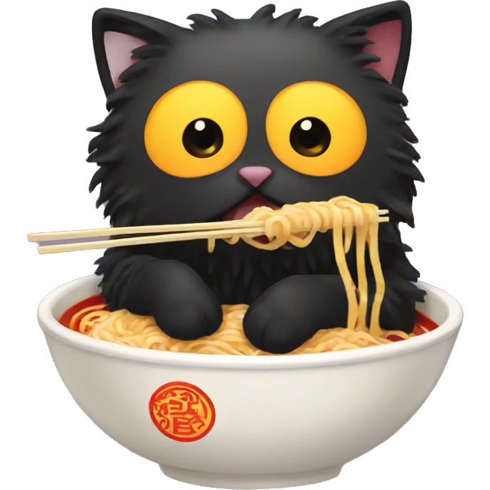 Black fluffy cat eating ramen emoji