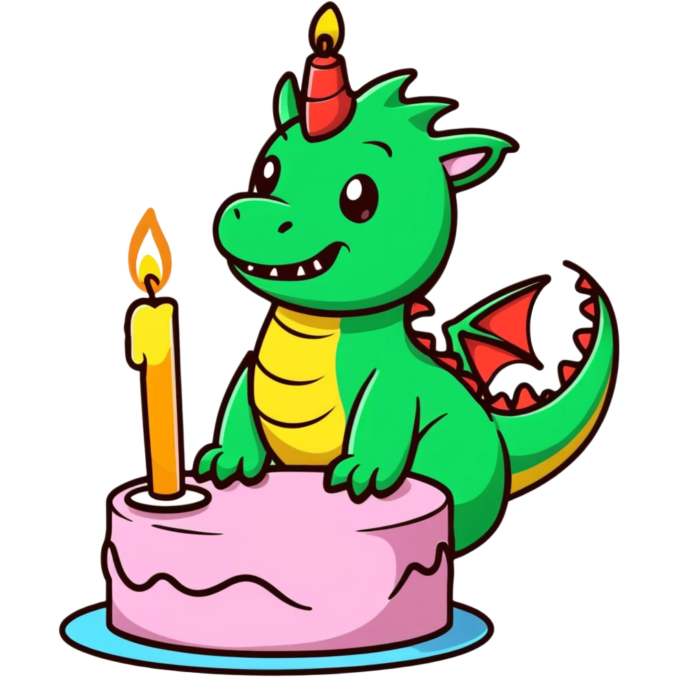 happy dragon blowing out 1 candle on cloud cake emoji