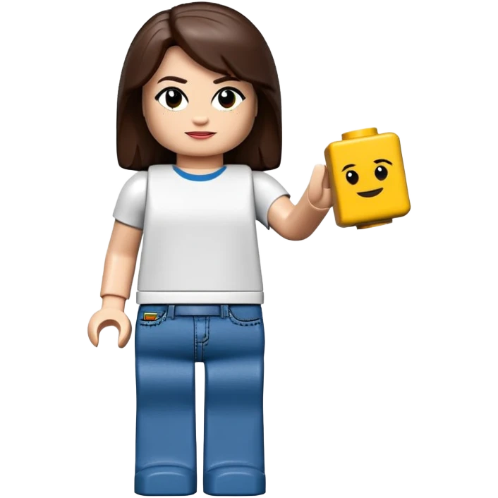 Lego lady with dark brown hair with a t-shirt and blue jeans emoji
