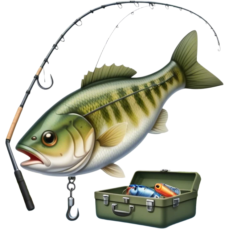 Icon for Fishing: a fishing rod with a line in the water, a tackle box, a fish on the hook, and a peaceful lake or river background. The icon should capture the calm and skill of fishing. Transparent background. emoji