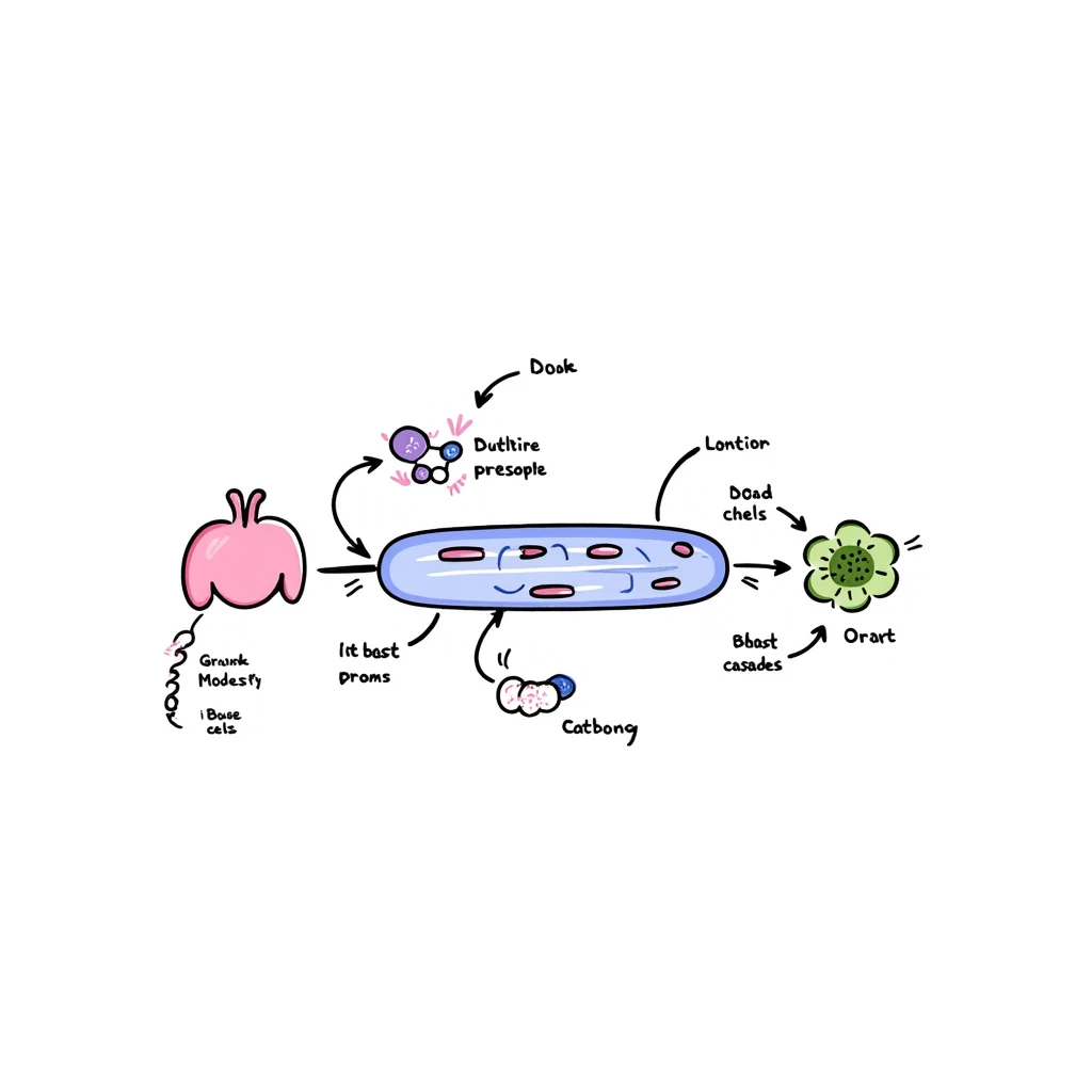 Hormone pathway illustration: pink endocrine gland releasing purple hormone molecules traveling through blue bloodstream to reach green target cells. Hand-drawn diagram showing molecular binding and resulting cellular changes with labeled parts and colorful signaling cascade. emoji