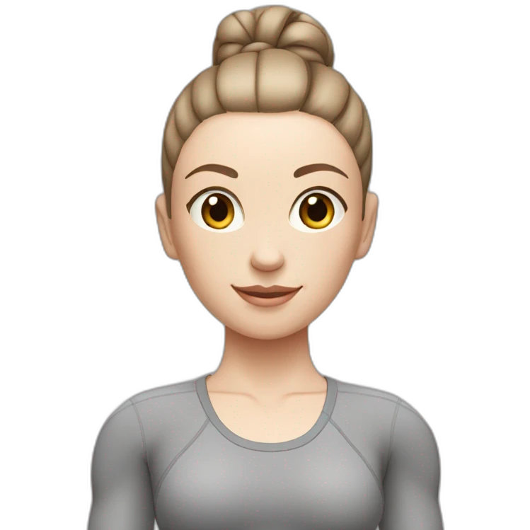 Pale skinned fit woman In a gray tight yoga suit and wristbands With brown hair in a bun  emoji