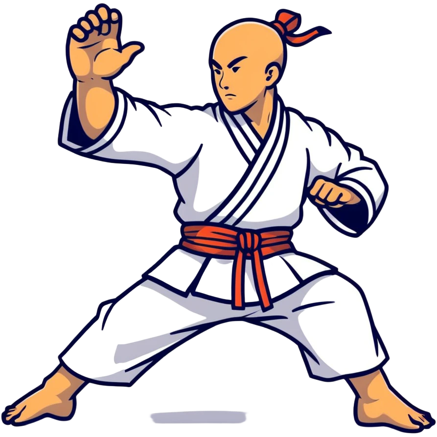 Martial artist in dynamic kung fu pose, wearing traditional loose outfit with sash emoji