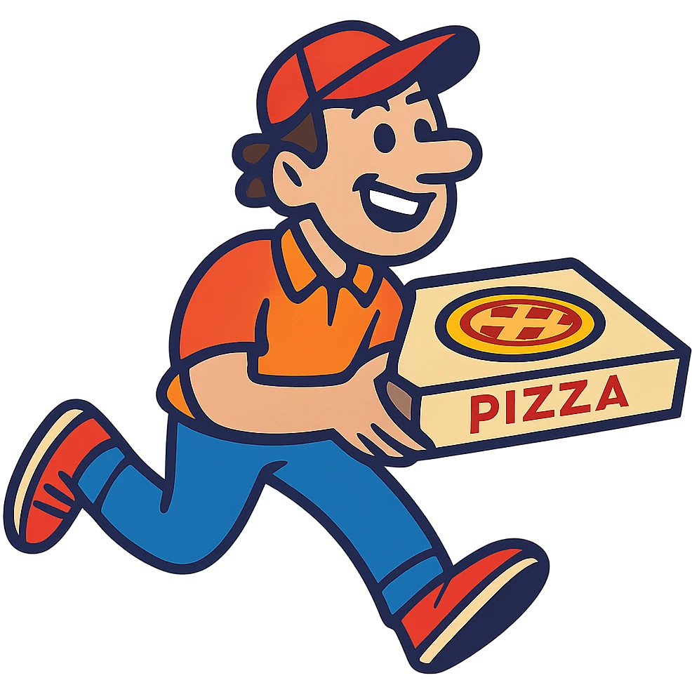 a man running with a pizza box in his hands, smiling, vibrant cartoon style emoji
