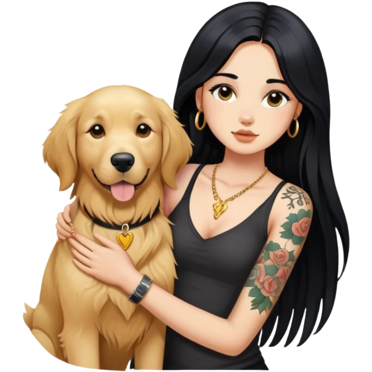 girl with long black  straight hair and chest tattoos and  a golden retriever emoji
