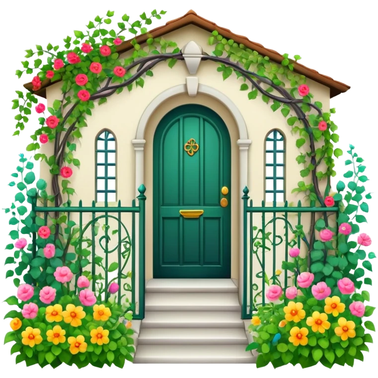 iron fence house entrance with vines, flowers and garden emoji