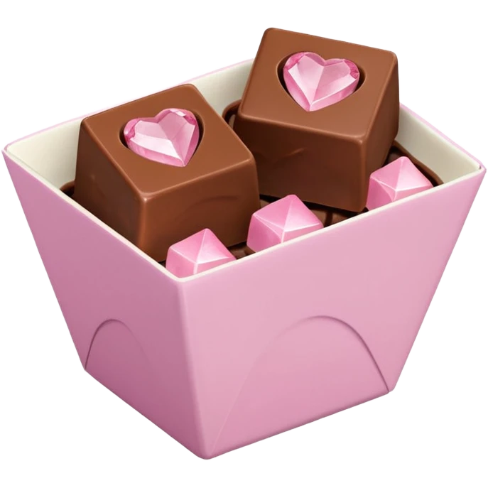Two square milk chocolate Each of the two chocolates will have its own pralines only, Each praline is a sharp-edged cube with smooth glossy chocolate coating, placed in a small white fluted paper candy cup. On top of each cube is a flat pastel pink heart-shapedwith fine sugar crystal sparkle. emoji