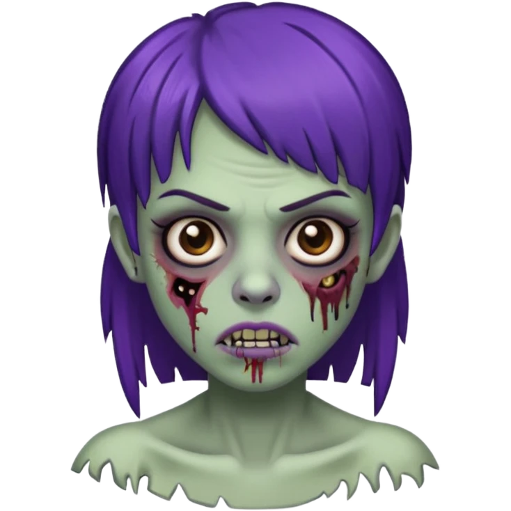 Quero uma zumbi com franja vegana piercing na sombrancelha no lado esquerdo e na boca e no nariz no lado direito cabelo castanho/preto com mechas roxas emoji